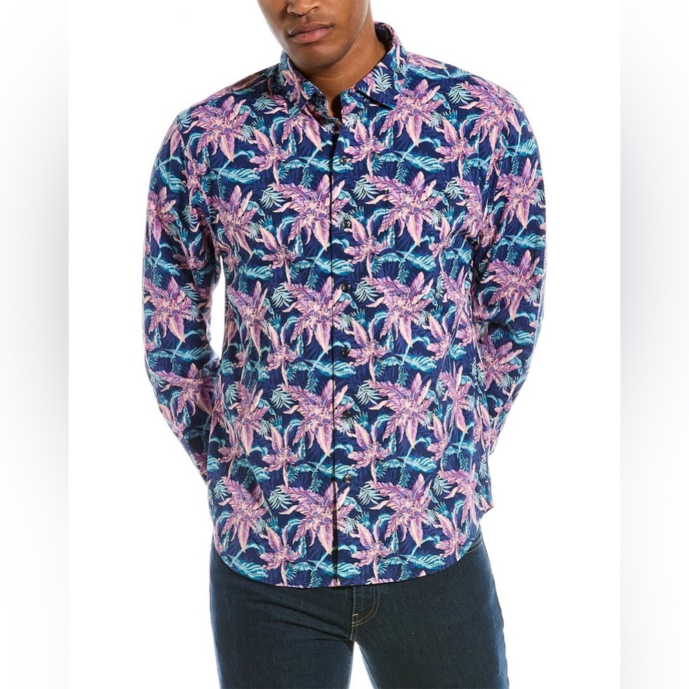 Tommy Bahama mens L Large blue floral Siesta Key performance button up shirt EUC
